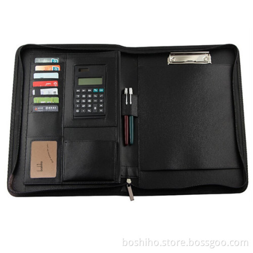 Good quality black leather padfolio with calculator
